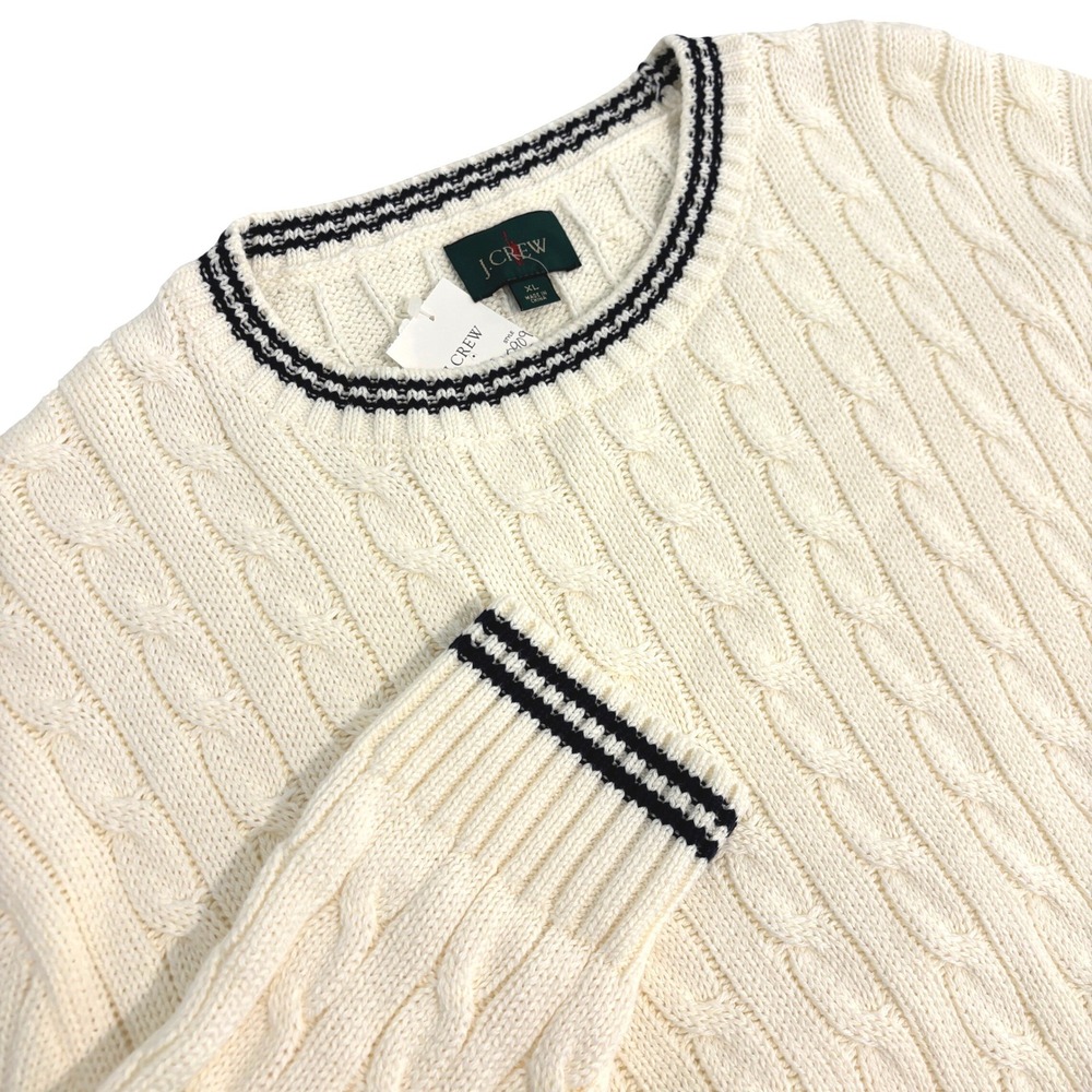 New J.Crew Big Cable Knit Sweater Mens XL Cream Navy Cotton Crewneck Long Arms